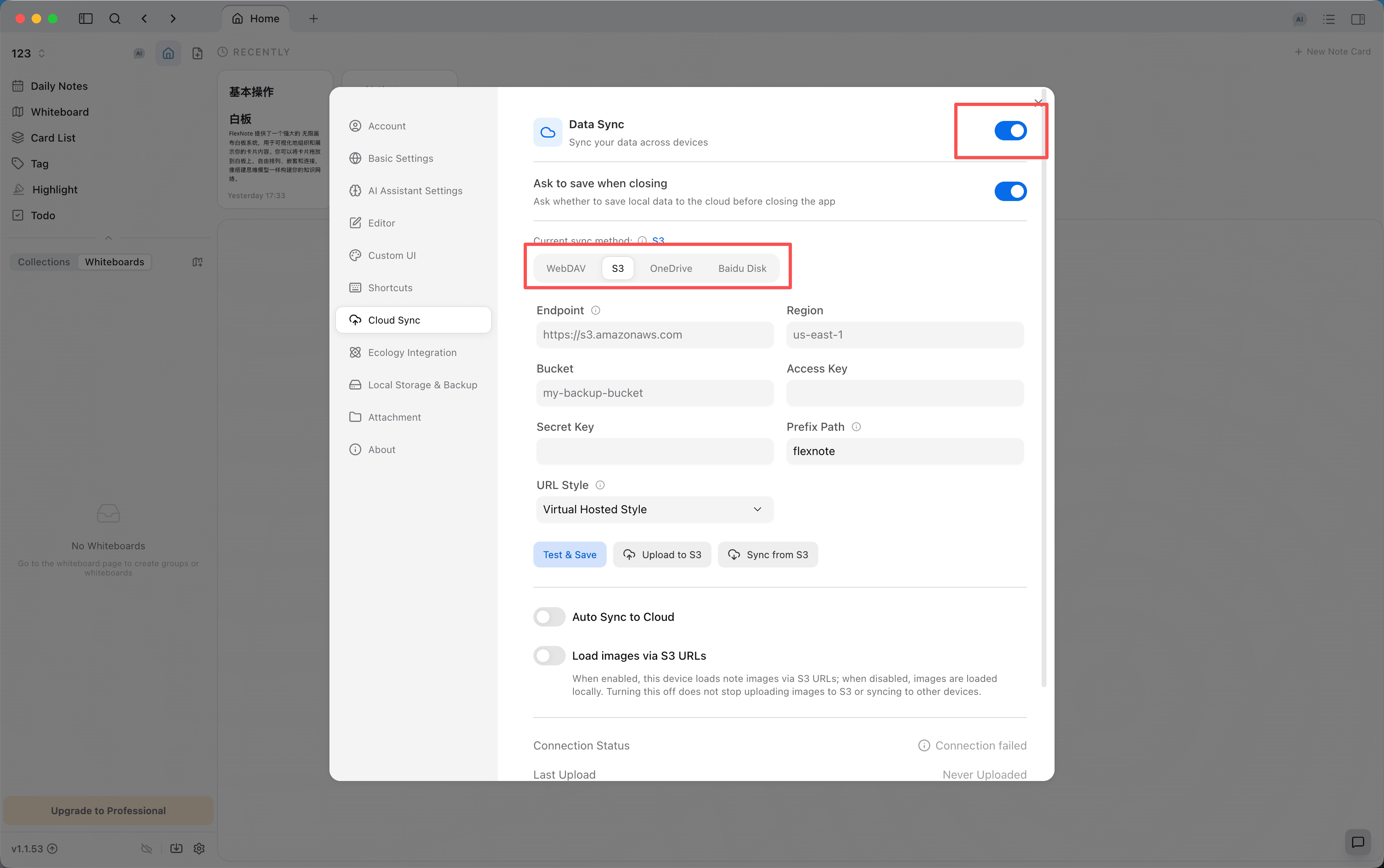 Einstellungen für Cloud-Sync